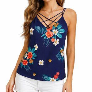 Express Blue Teal Coral Floral Tropical Criss Cross Strappy Cami Tank Top XS